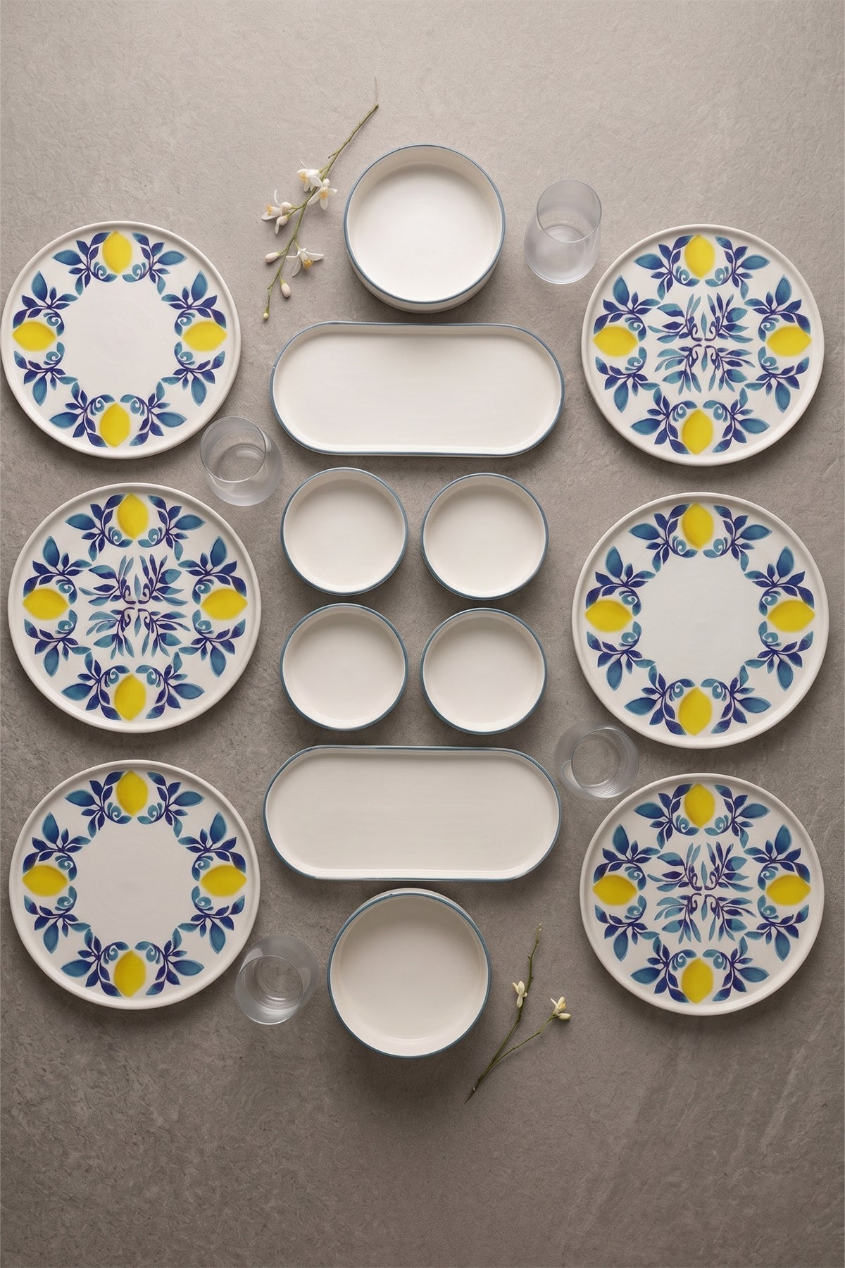 Limona 14 Parça 6 Kişilik Handmade Stackable Seramik Tabak Seti Premium Sunum & Kahvaltı Takımı - Sofralya
