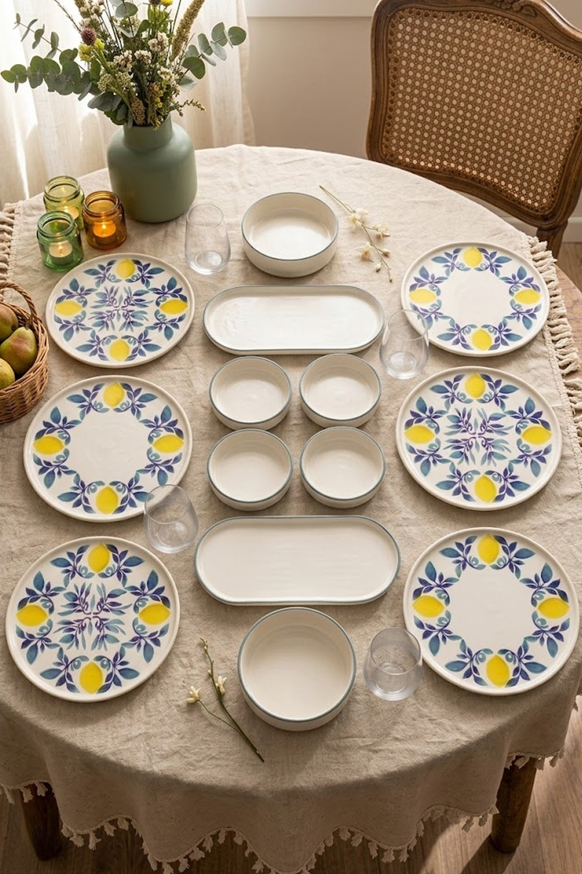 Limona 14 Parça 6 Kişilik Handmade Stackable Seramik Tabak Seti Premium Sunum & Kahvaltı Takımı - Görsel 2