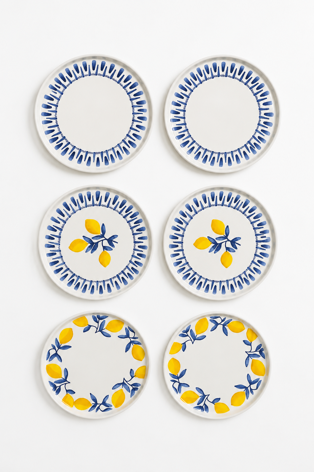 Riviera Blue 6’lı Seramik Pasta ve Servis Tabağı Seti Stackable 20 cm Limon Desenli Akdeniz Sofra Takımı - Görsel 3