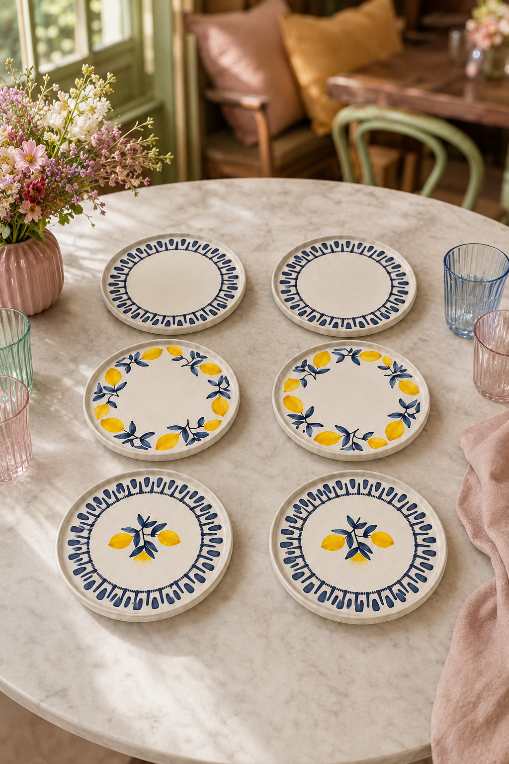 Riviera Blue 6’lı Seramik Pasta ve Servis Tabağı Seti Stackable 20 cm Limon Desenli Akdeniz Sofra Takımı - Sofralya