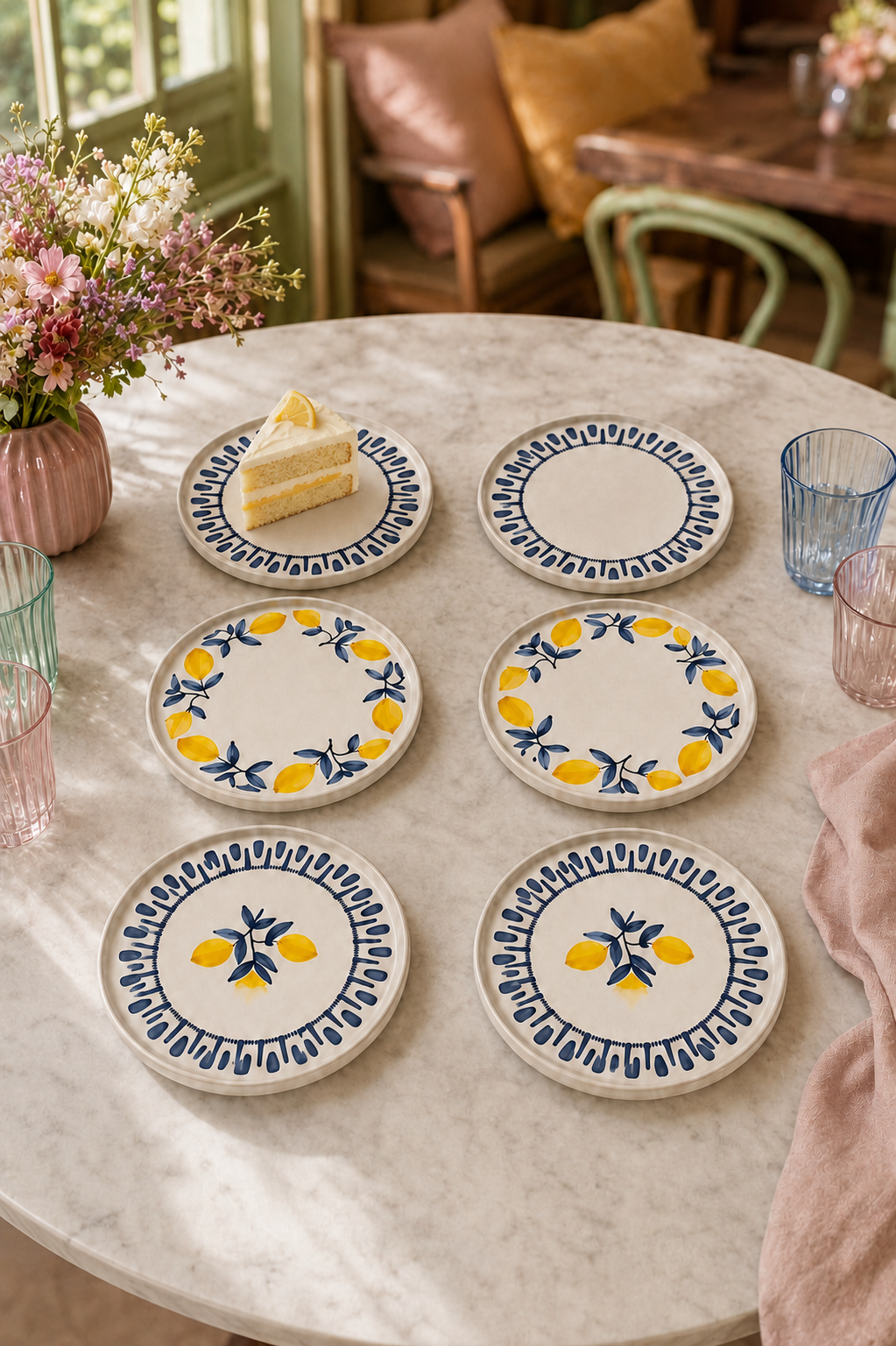Riviera Blue 6’lı Seramik Pasta ve Servis Tabağı Seti Stackable 20 cm Limon Desenli Akdeniz Sofra Takımı - Görsel 2