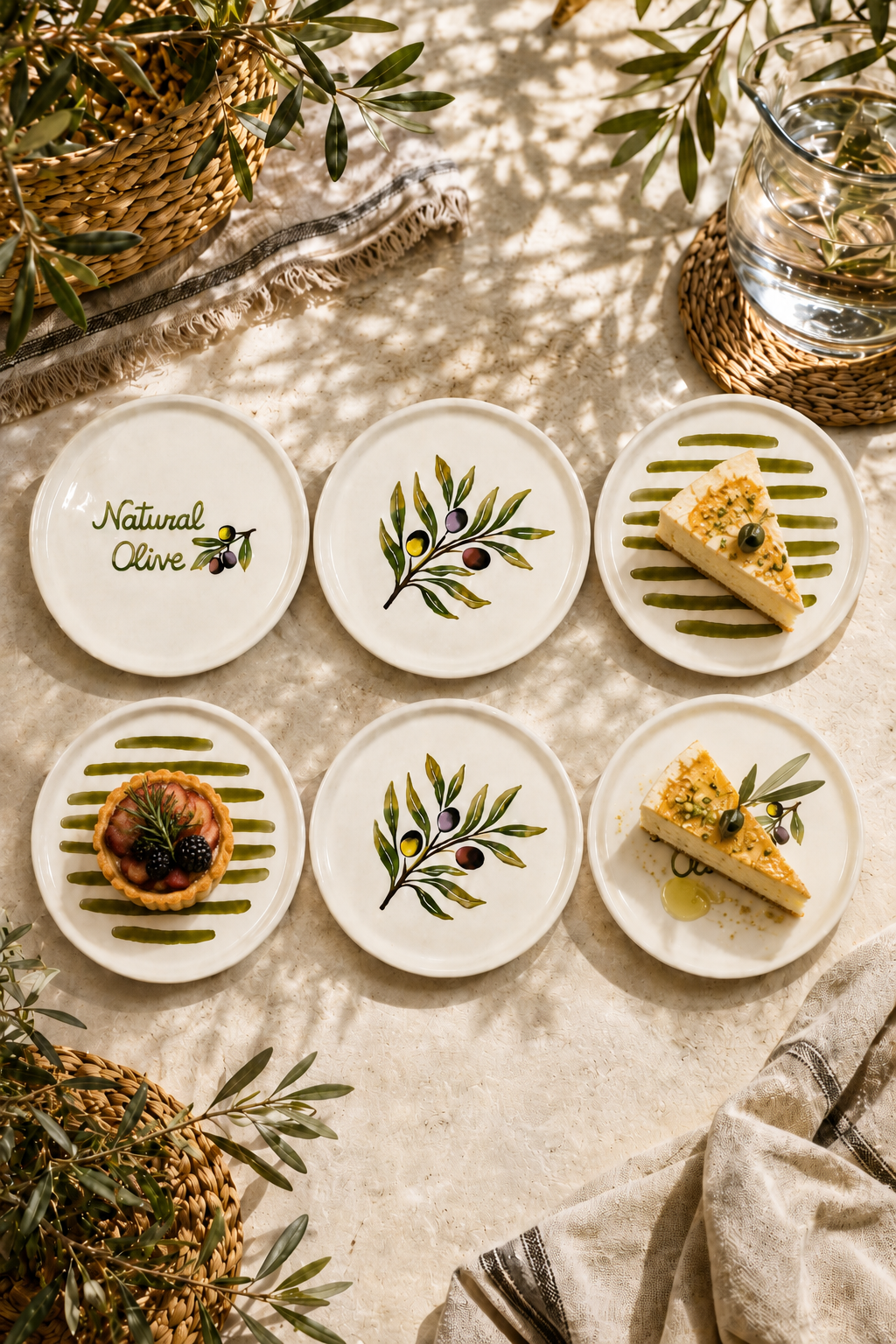 Olea 6’lı Seramik Tatlı Tabağı Seti 16 cm – Zeytin Desenli Pasta ve Sunum Tabağı - Görsel 2