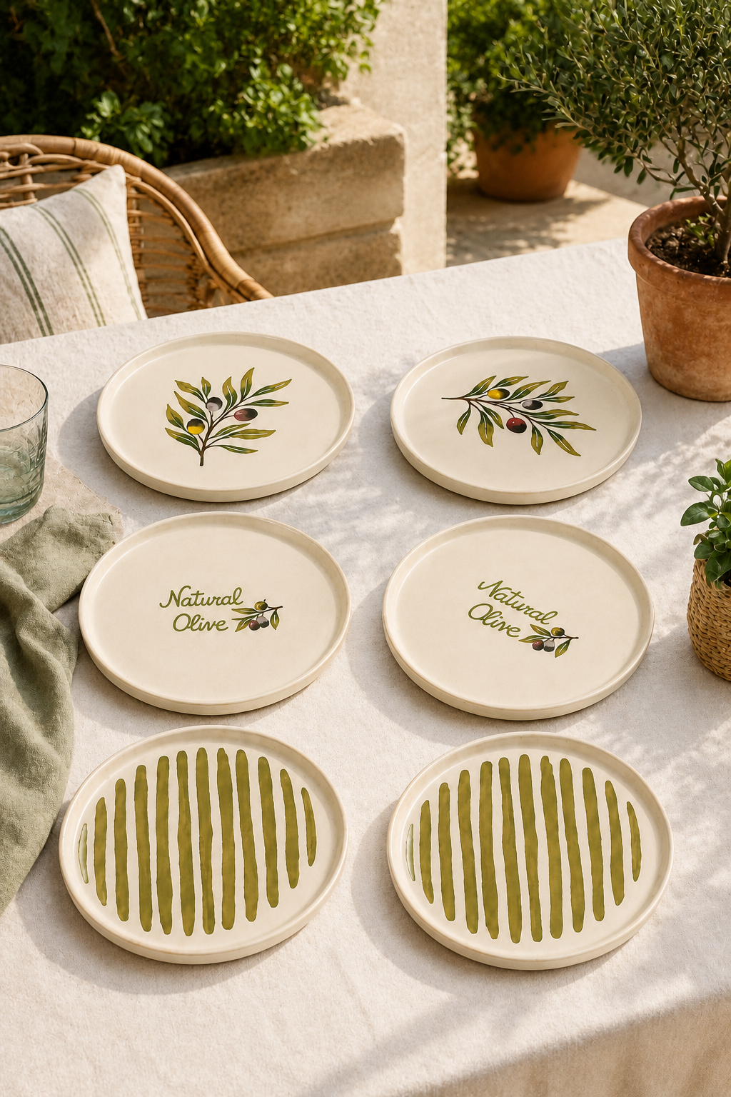 Olea 6’lı Stackable Seramik Pasta Tabağı Seti 20 cm Zeytin Desenli Tatlı ve Servis Tabağı - Sofralya