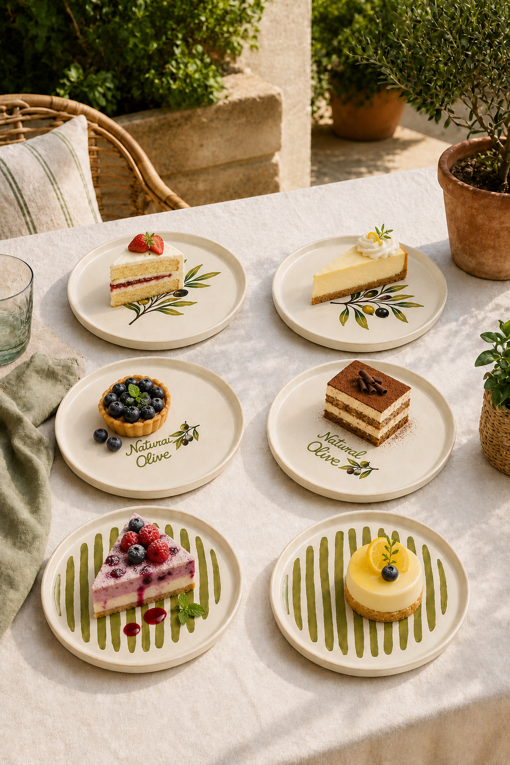 Olea 6’lı Stackable Seramik Pasta Tabağı Seti 20 cm Zeytin Desenli Tatlı ve Servis Tabağı - Görsel 2