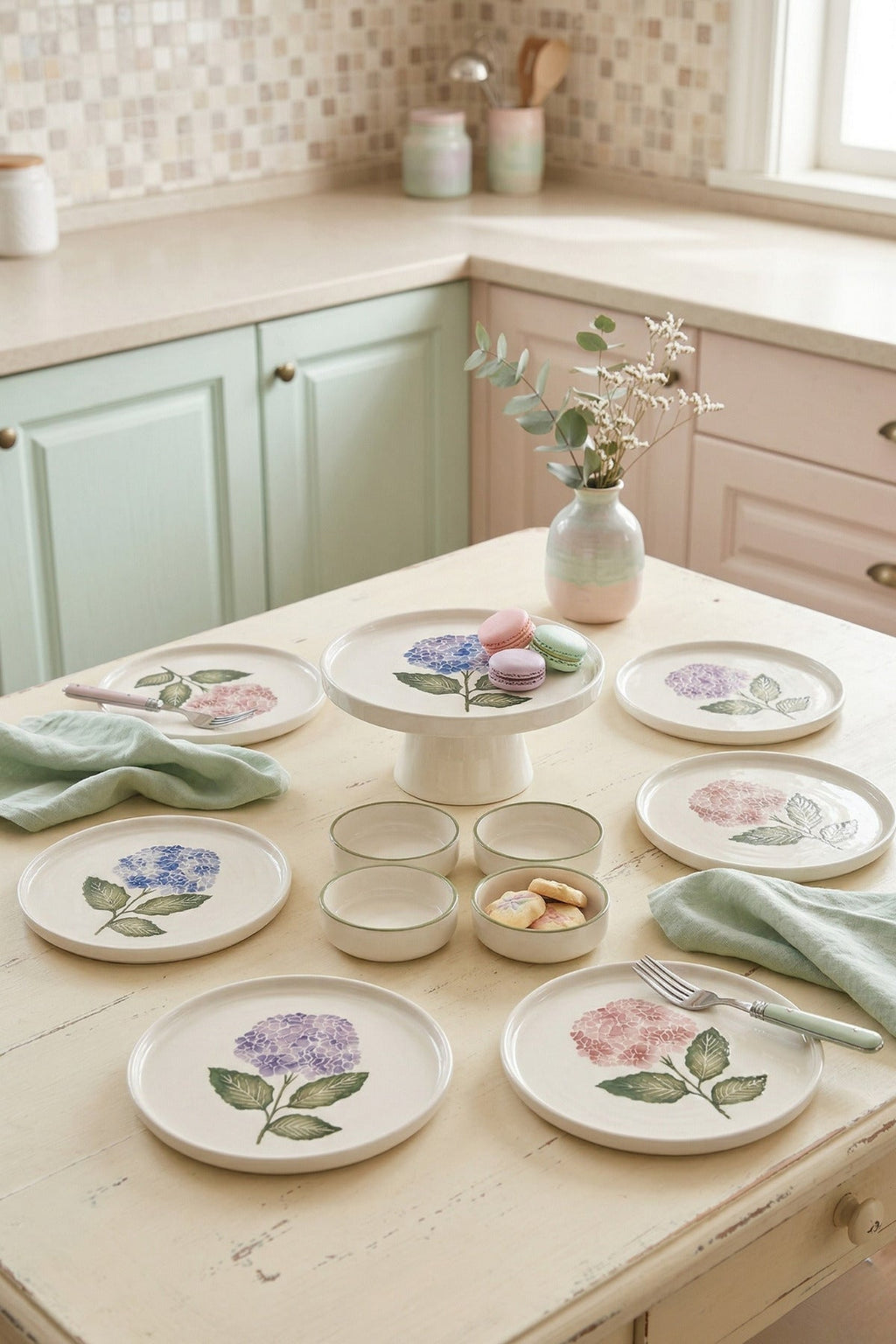 Hortensia 11 Parça 6 Kişilik Handmade Stackable Ayaklı Sunum Standlı Seramik Tabak Seti & Kahvaltı Takımı - Sofralya