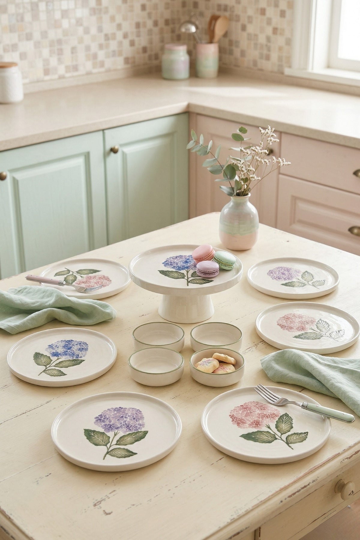 Hortensia 11 Parça 6 Kişilik Handmade Stackable Ayaklı Sunum Standlı Seramik Tabak Seti & Kahvaltı Takımı - Sofralya