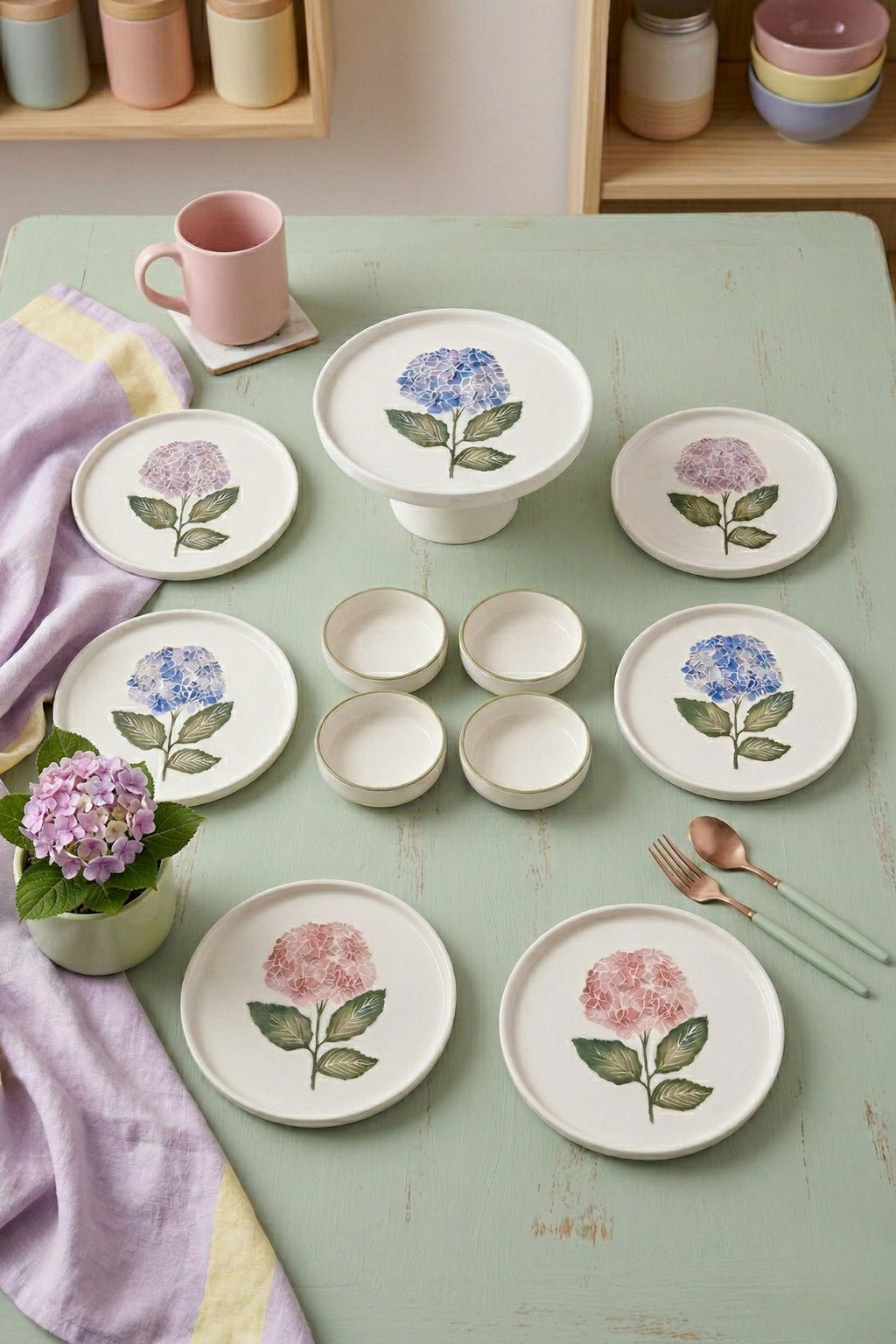 Hortensia 11 Parça 6 Kişilik Handmade Stackable Ayaklı Sunum Standlı Seramik Tabak Seti & Kahvaltı Takımı - Görsel 2