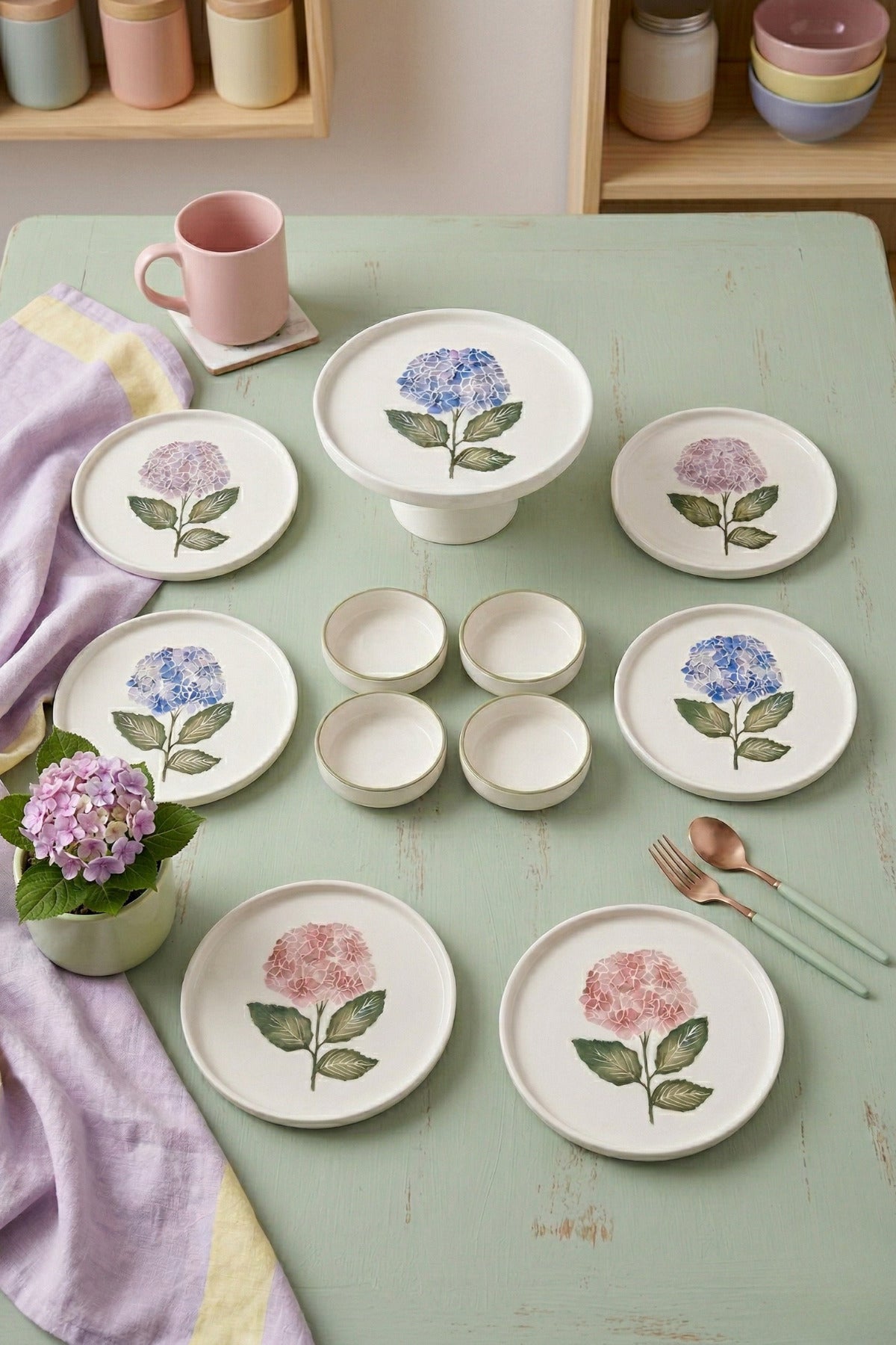 Hortensia 11 Parça 6 Kişilik Handmade Stackable Ayaklı Sunum Standlı Seramik Tabak Seti & Kahvaltı Takımı - Görsel 2