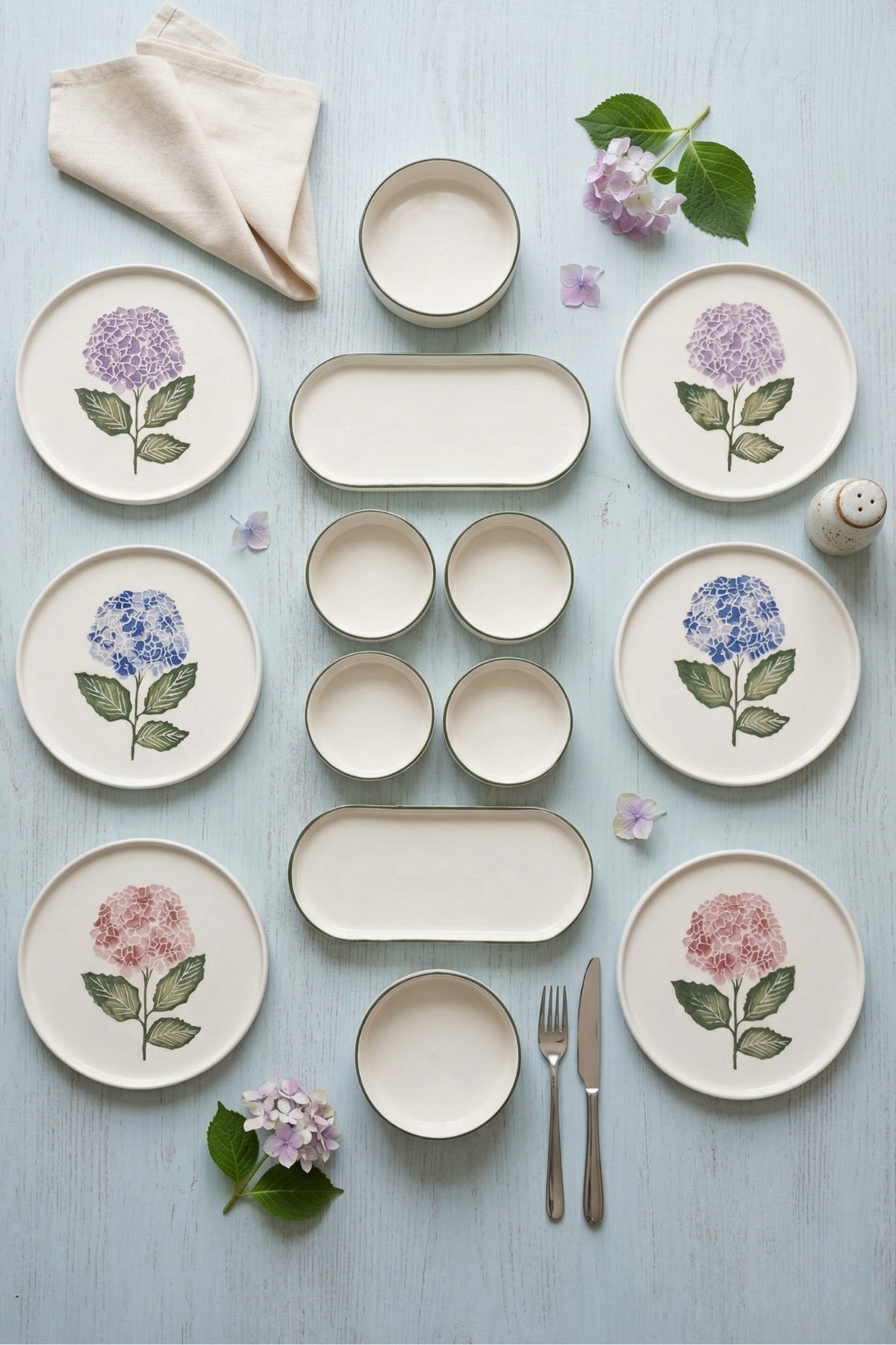 Hortensia 14 Parça 6 Kişilik Handmade Stackable Seramik Tabak Seti Premium Sunum & Kahvaltı Takımı - Sofralya