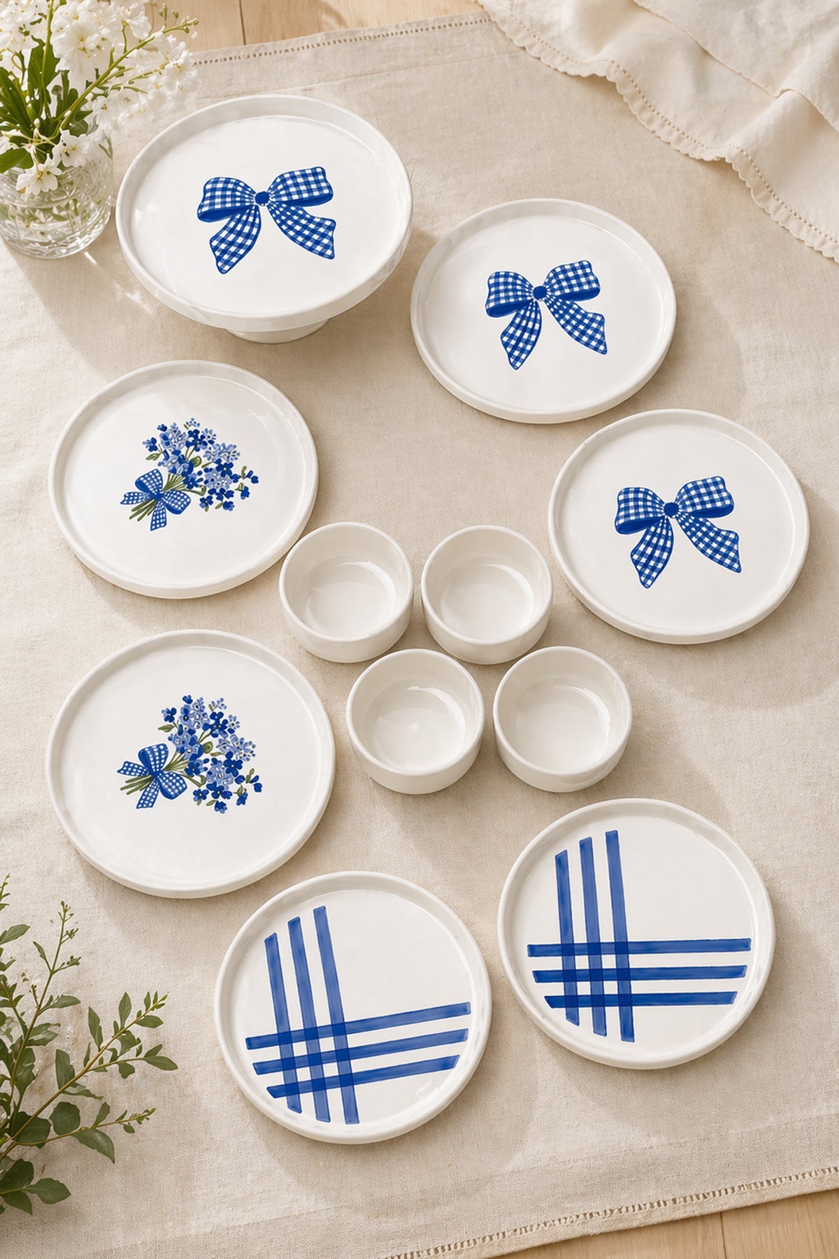 Azure Bloom 6 Kişilik 11 Parça Handmade Seramik Kahvaltı Takımı Mavi Desenli Modern Sunum & Pasta Tabağı Seti - Sofralya