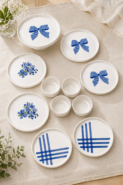 Azure Bloom 6 Kişilik 11 Parça Handmade Seramik Kahvaltı Takımı Mavi Desenli Modern Sunum & Pasta Tabağı Seti - Sofralya