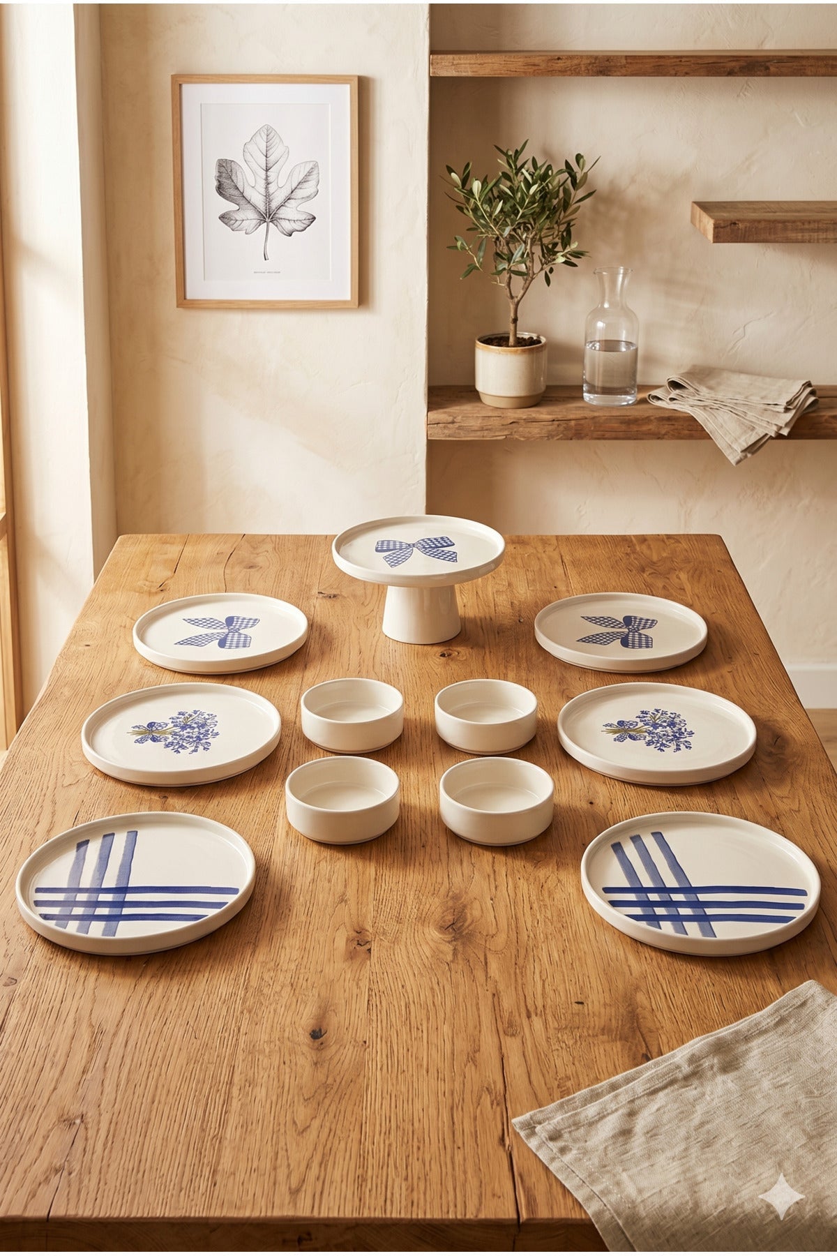 Azure Bloom 6 Kişilik 11 Parça Handmade Seramik Kahvaltı Takımı Mavi Desenli Modern Sunum & Pasta Tabağı Seti - Görsel 2