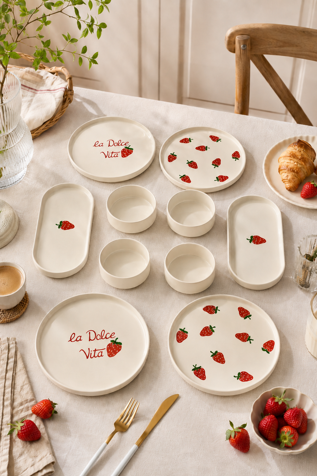 Rosella Berry 10 Parça 4 Kişilik Handmade Çilek Desenli Stackable Seramik Kahvaltı ve Sunum Seti - Sofralya