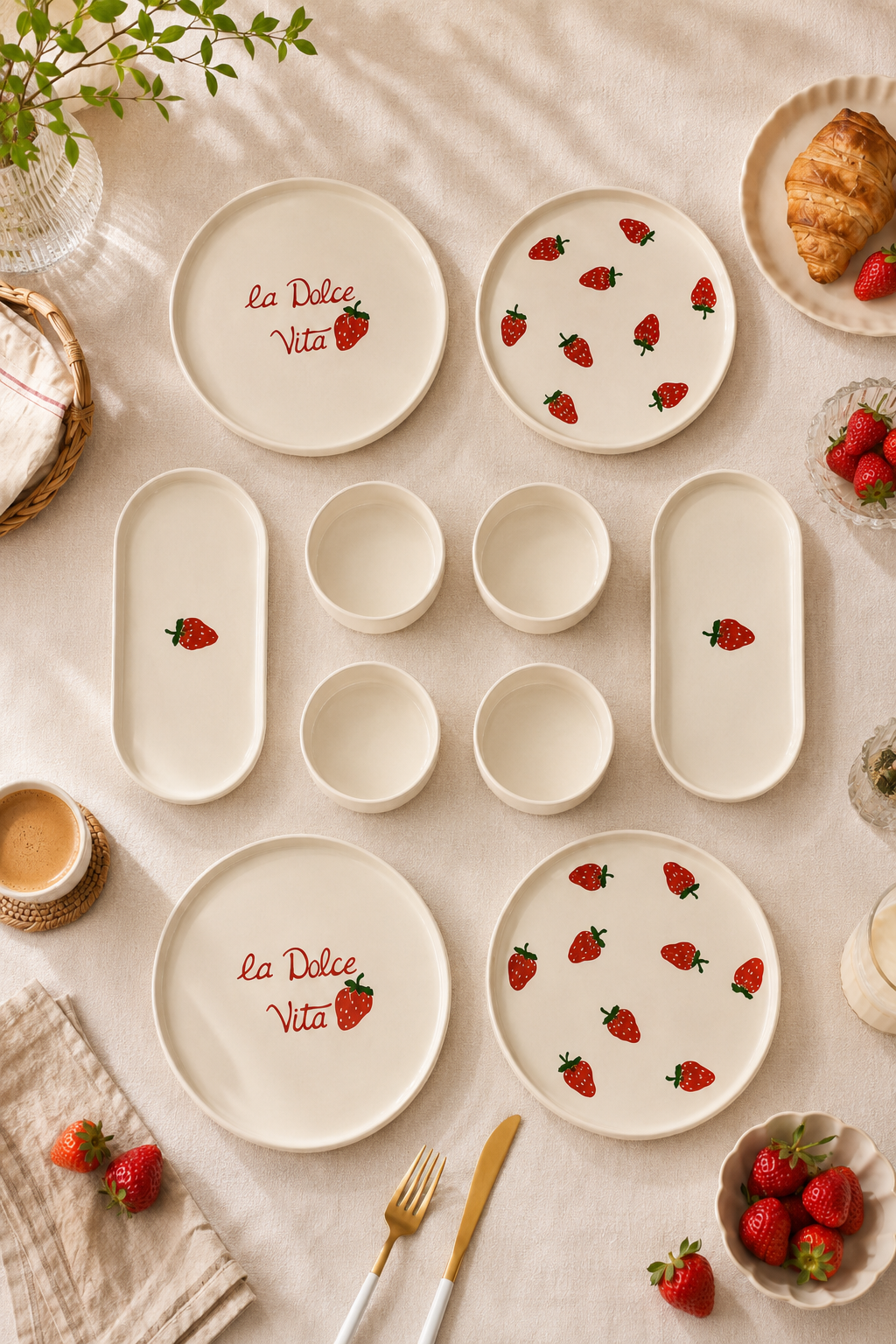 Rosella Berry 10 Parça 4 Kişilik Handmade Çilek Desenli Stackable Seramik Kahvaltı ve Sunum Seti - Görsel 2