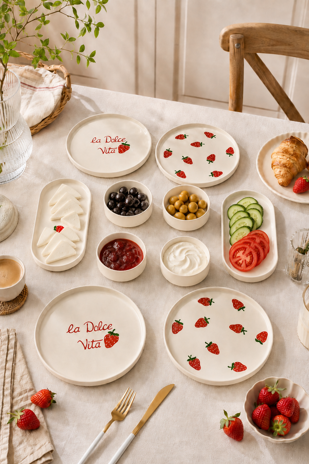 Rosella Berry 10 Parça 4 Kişilik Handmade Çilek Desenli Stackable Seramik Kahvaltı ve Sunum Seti - Görsel 4