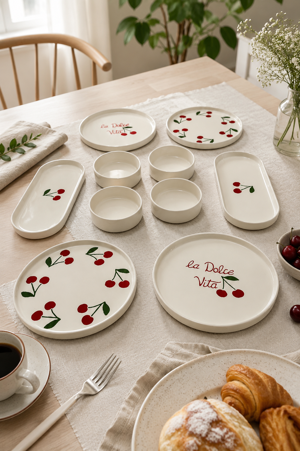 Rosella Cherry 10 Parça 4 Kişilik Handmade Kahvaltı Takımı Lüx Kahvaltılık Sunum Seti Tabağı & Pasta Sunum Tabağı - Sofralya