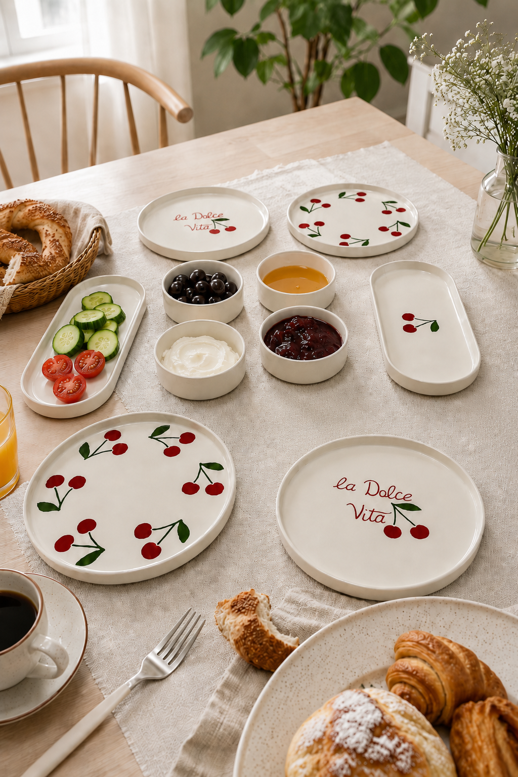 Rosella Cherry 10 Parça 4 Kişilik Handmade Kahvaltı Takımı Lüx Kahvaltılık Sunum Seti Tabağı & Pasta Sunum Tabağı - Görsel 2
