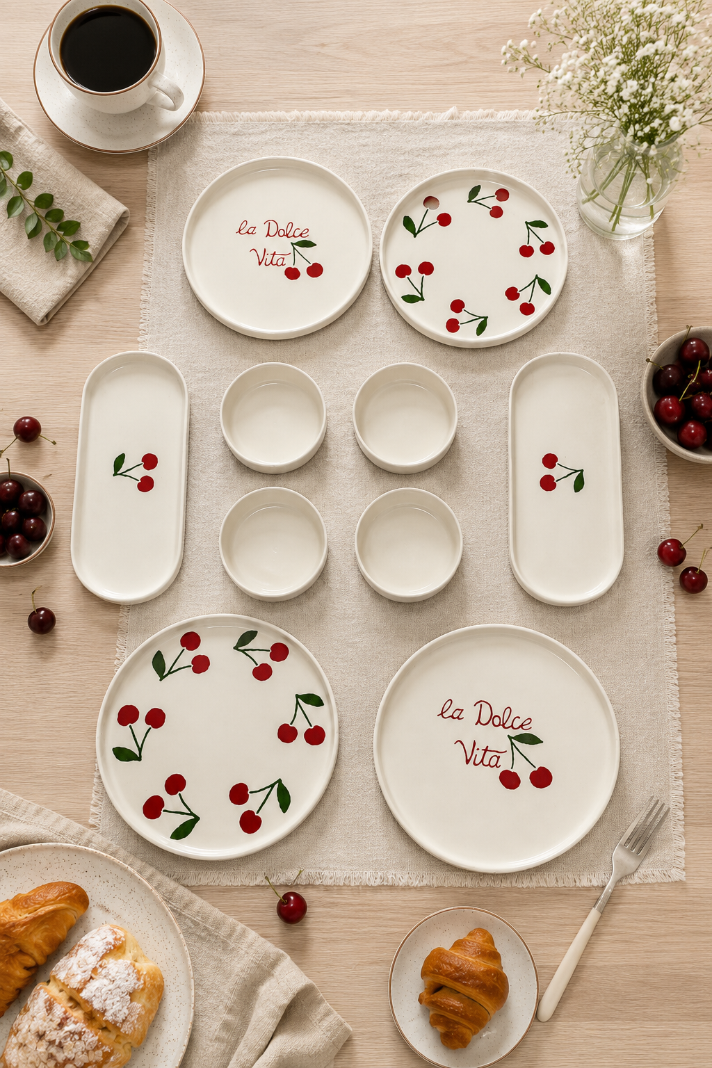 Rosella Cherry 10 Parça 4 Kişilik Handmade Kahvaltı Takımı Lüx Kahvaltılık Sunum Seti Tabağı & Pasta Sunum Tabağı - Görsel 3