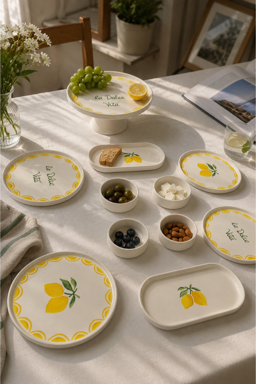 Dolce Limone 11 Parça 6 Kişilik Handmade Stackable Seramik Tabak Seti Sunum & Kahvaltı Takımı Ayaklı Sunum Standlı Kahvaltı…