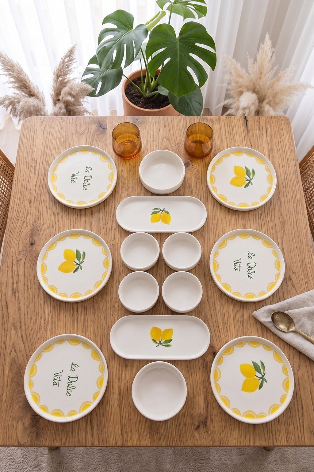 Dolce Limone 14 Parça 6 Kişilik Handmade Stackable Seramik Tabak Seti Premium Sunum & Kahvaltı Takımı - Sofralya