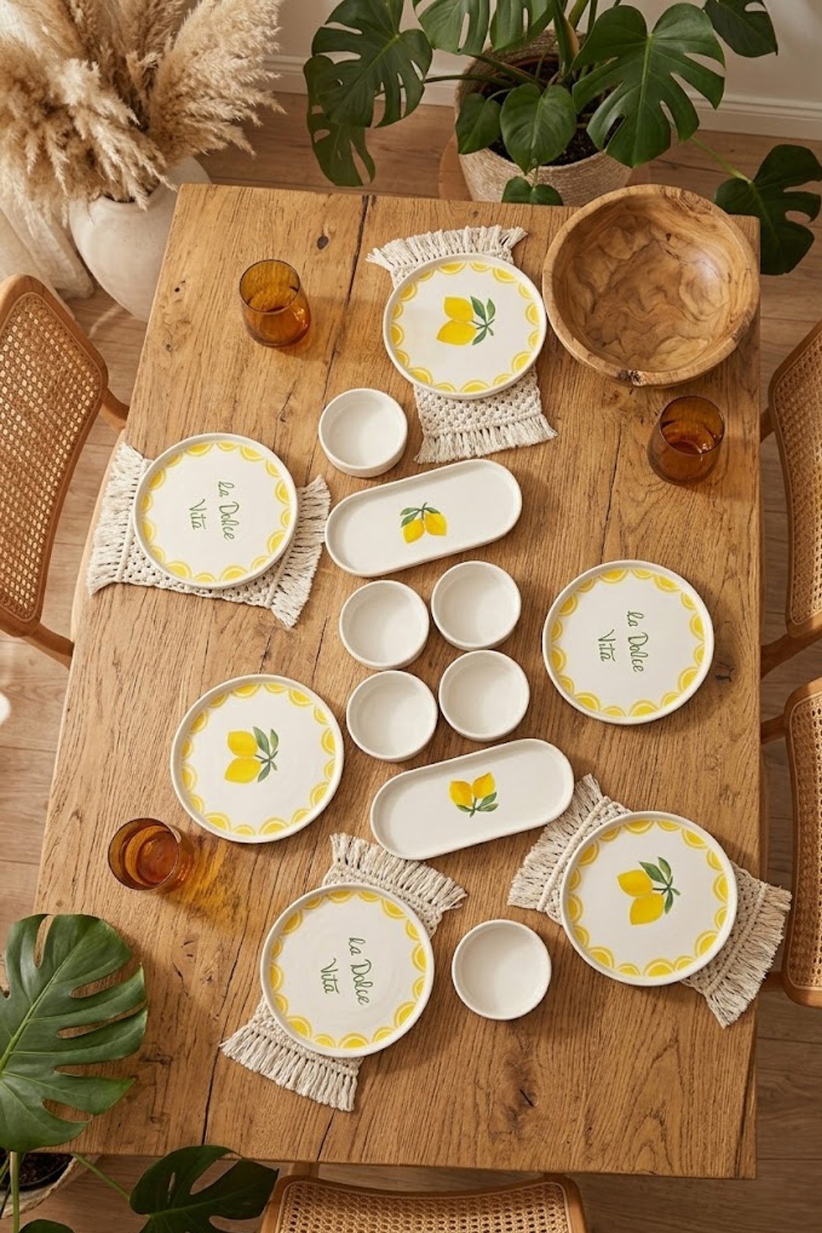 Dolce Limone 14 Parça 6 Kişilik Handmade Stackable Seramik Tabak Seti Premium Sunum & Kahvaltı Takımı - Görsel 2
