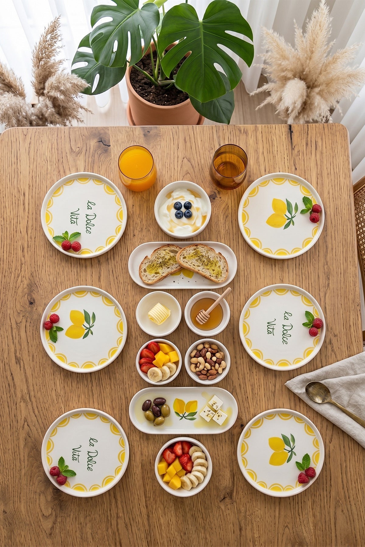 Dolce Limone 14 Parça 6 Kişilik Handmade Stackable Seramik Tabak Seti Premium Sunum & Kahvaltı Takımı - Görsel 3
