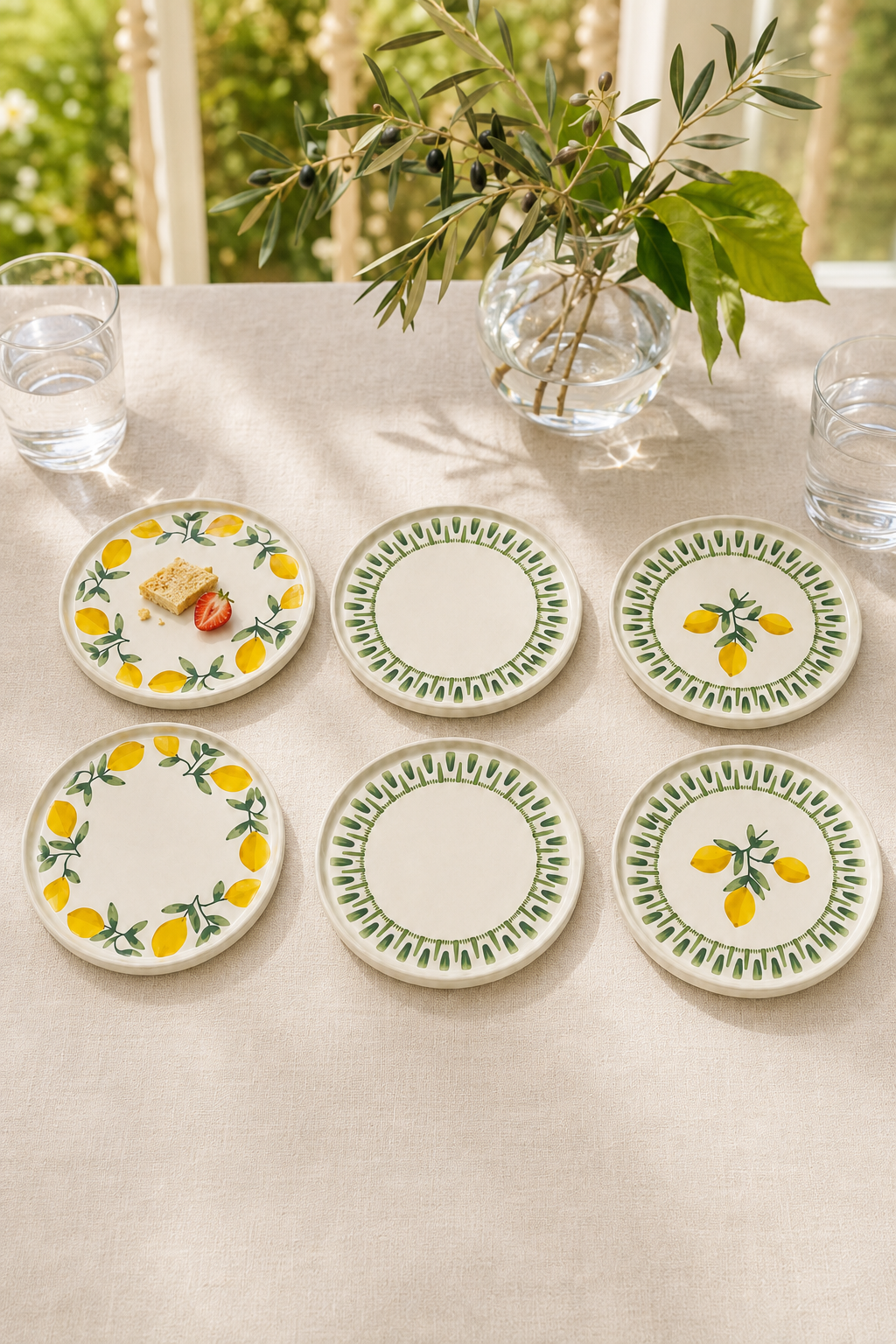 Riviera Green 6’lı Seramik Pasta ve Servis Tabağı Seti Stackable 20 cm Limon Desenli Akdeniz Sofra Takımı - Sofralya